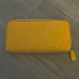 Long leather warm yellow zipper wallet with weaved faux leather